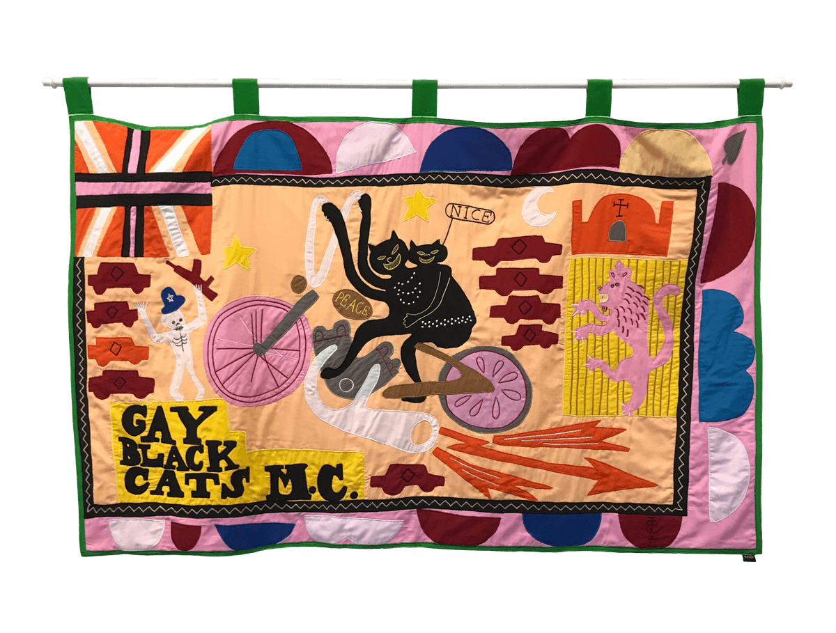 Grayson Perry Gay Black Cats Hand-made cotton fabric and embroidery appliqué flag in colours, contained in the original card box with printed lid from the edition of 150
