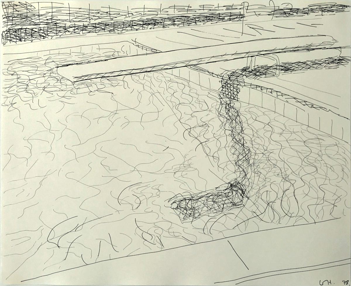 David Hockney Pool Drawing (diving board on right) original black and white print for sale