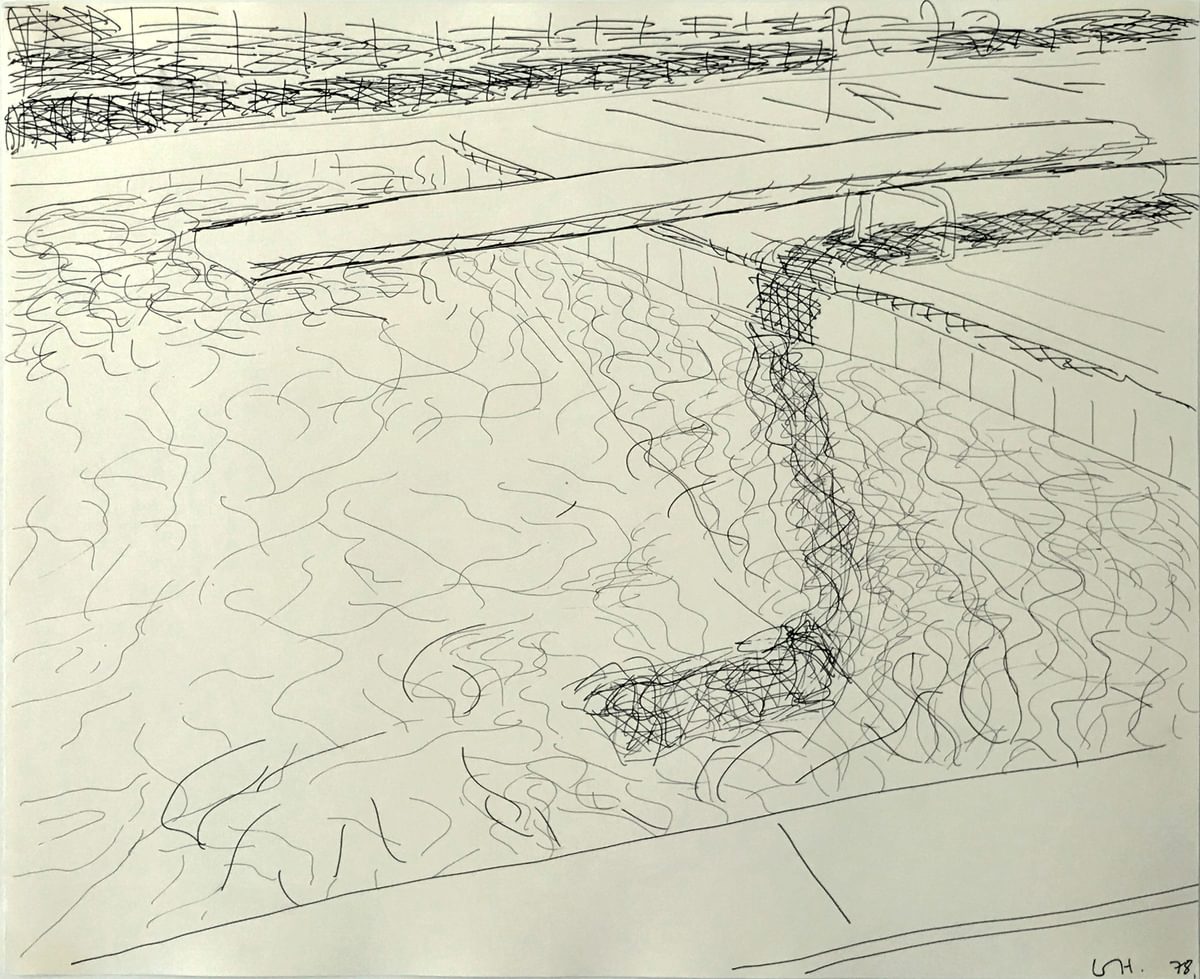 David Hockney Pool Drawing (diving board on right) original black and white print for sale