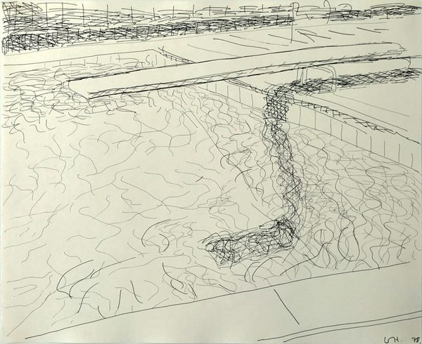 Pool drawing (diving board on right) - David Hockney