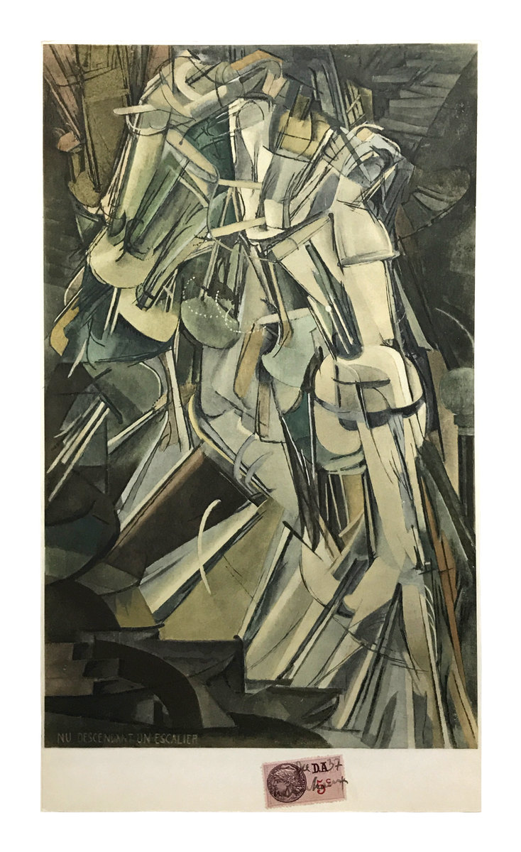 Marcel Duchamp Nude Descending a Staircase No.2 pochoir coloured collotype signed and dated French 5 centime revenue stamp for sale