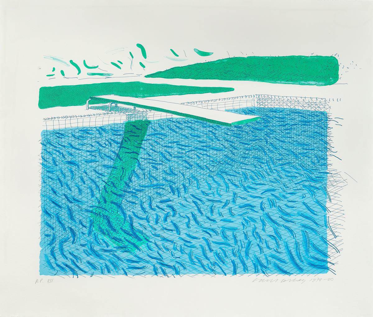 David Hockney Lithographic Water Made of Lines, Crayon, and a Blue Wash, original lithograph for sale