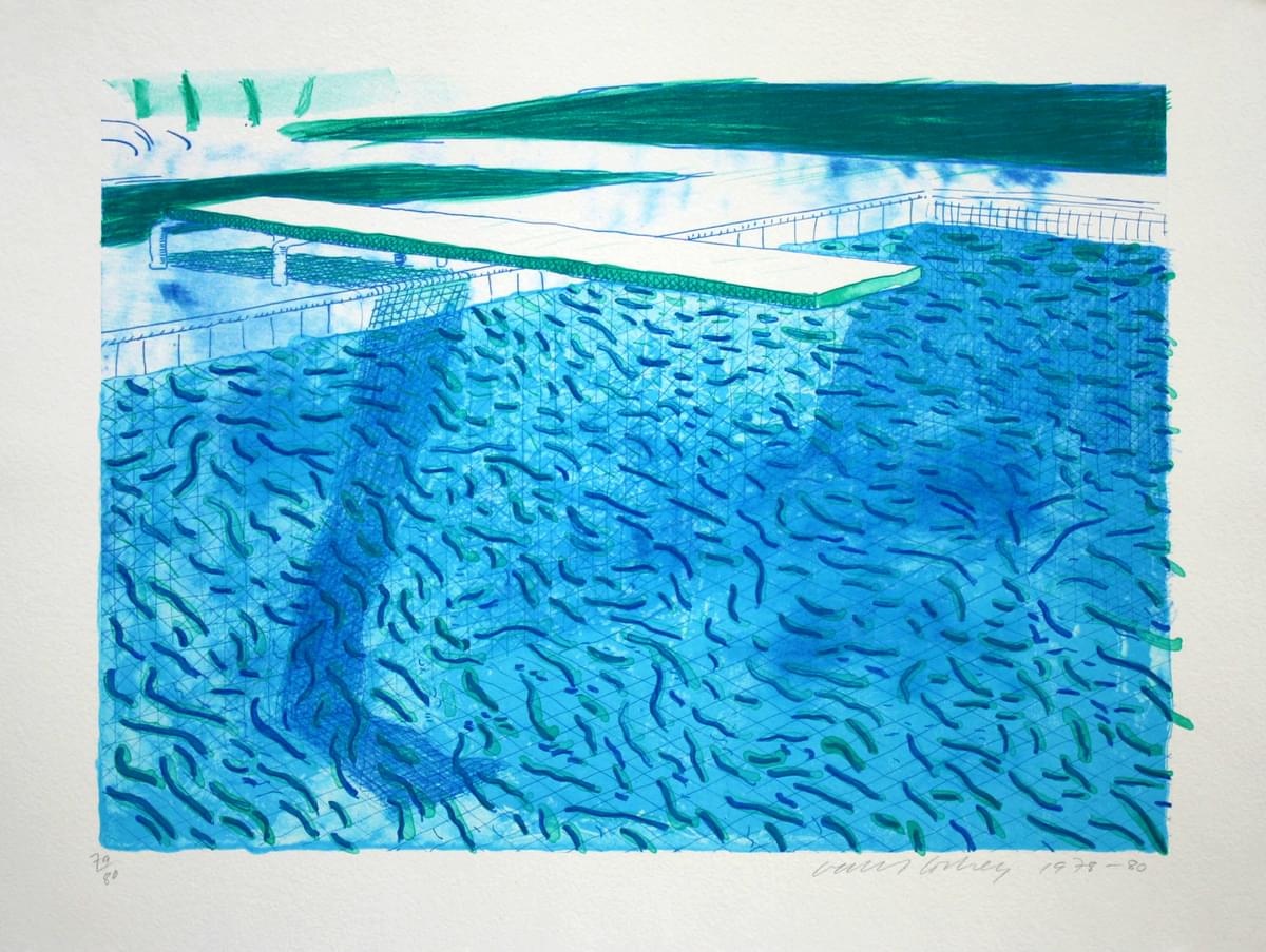 David Hockney Lithograph of Water Made of Thick and Thin Lines, a Green Wash, a Light Blue Wash, and a Dark Blue Wash, original lithograph for sale