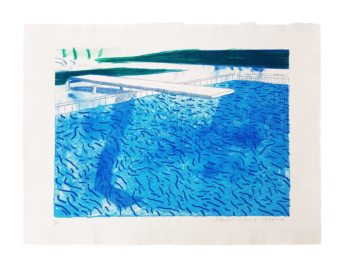 David Hockney Lithograph of Water Made of Thick and Thin Lines and a Light Blue and a Dark Blue Wash, original lithograph for sale