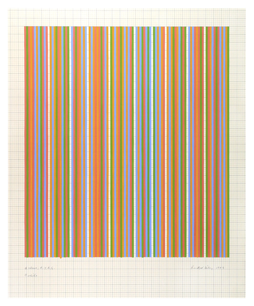 4 colours; R,Y,B,G. 9 whites - Bridget Riley