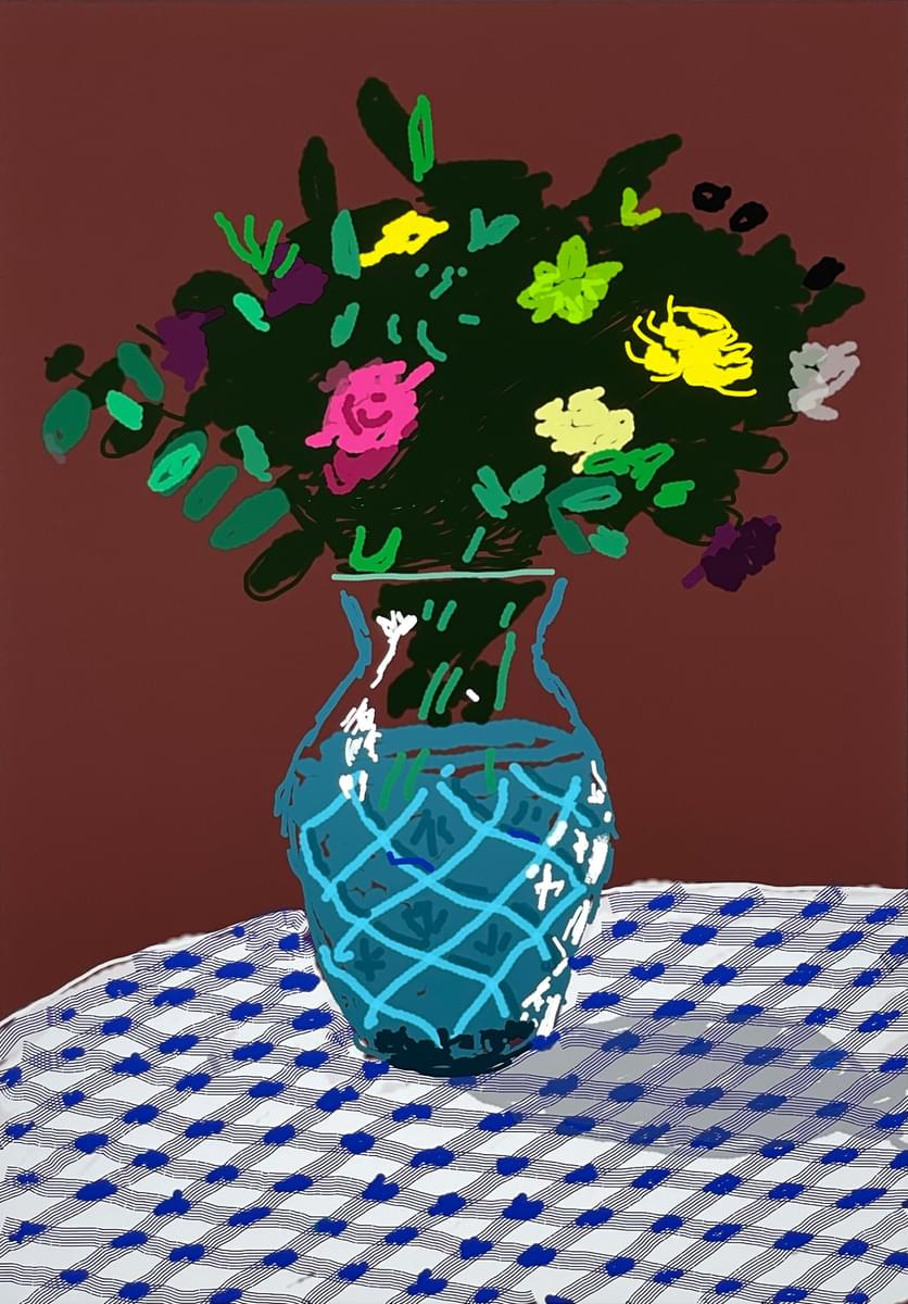 Ac23 21 HOCKNEY 21st March 2021 Purple and Yellow Flowers in a Vase crop NN