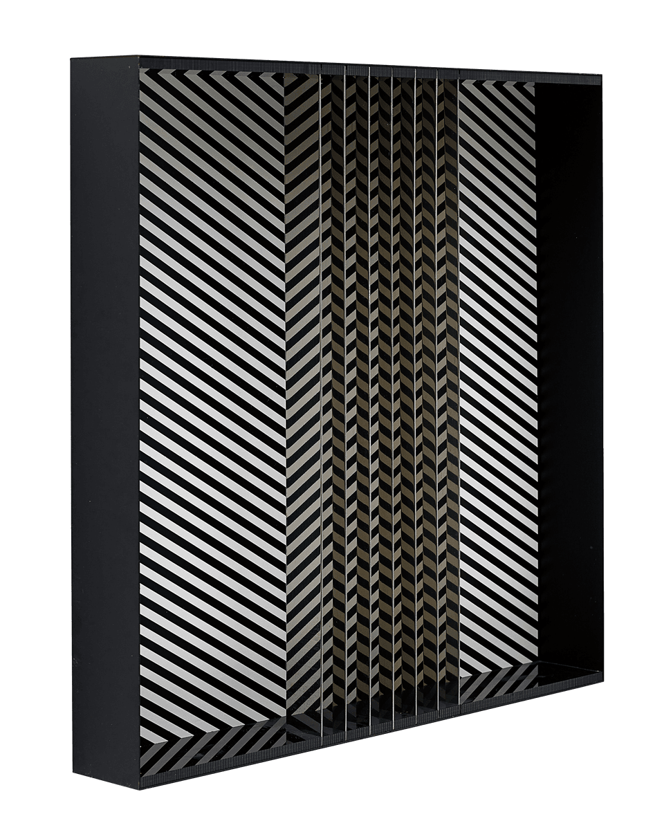 Julio Le Parc Relief 13 Aluminium box multiple with screenprint in black and white, with the original perspex lid from the edition of 200 signed and numbered for sale
