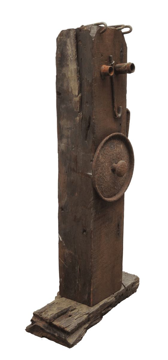 Julian Dyson Untitled Figure (Guardian) Wooden construction with found metal objects for sale