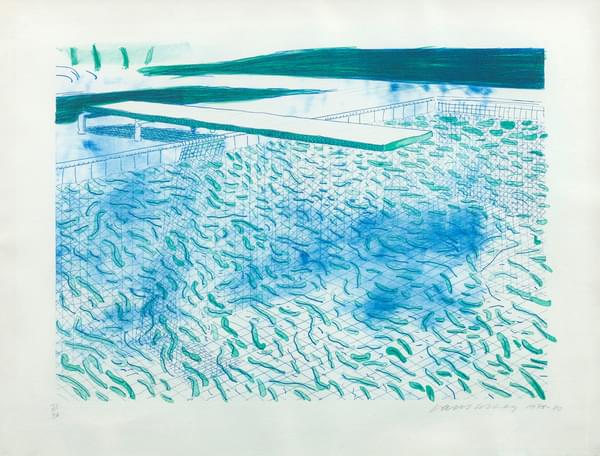 Lithograph of Water made of Lines and a green Wash - David Hockney